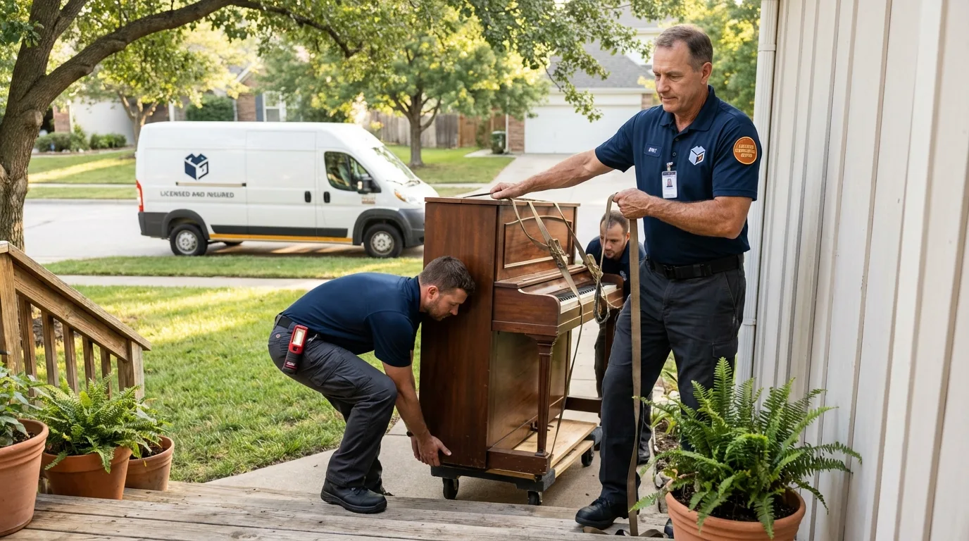Licensed piano movers securing grand piano in Poplar Grove, IL