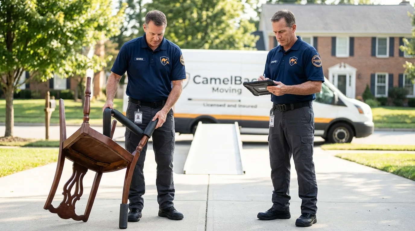Movers inspecting furniture for damage prevention before loading in Poplar Grove, IL