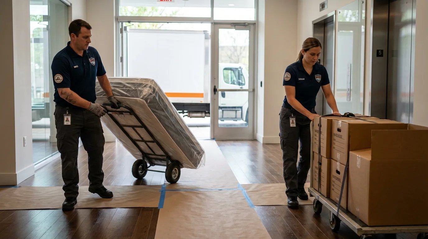 Professional apartment movers loading elevator in Poplar Grove, IL