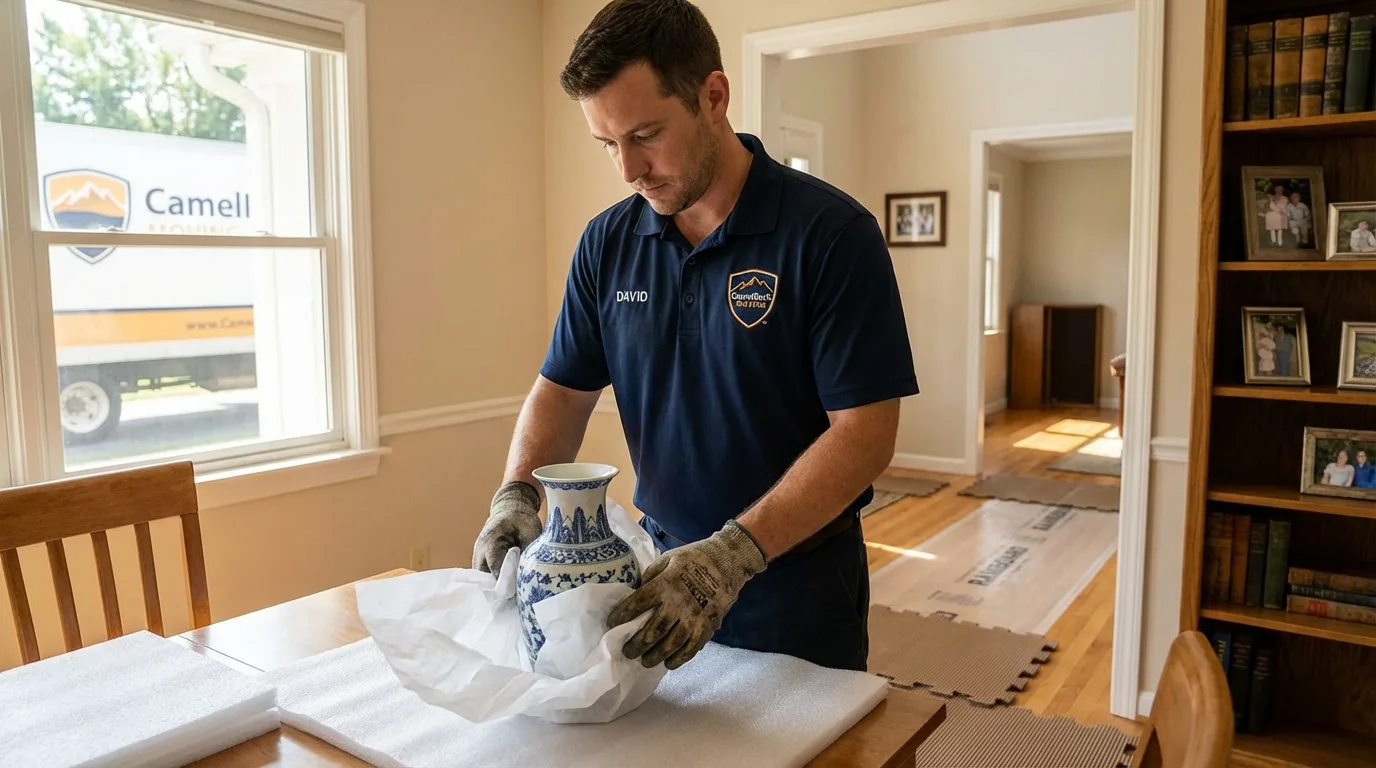 Professional crew carefully wrapping antique vase for senior downsizing move in Poplar Grove, IL